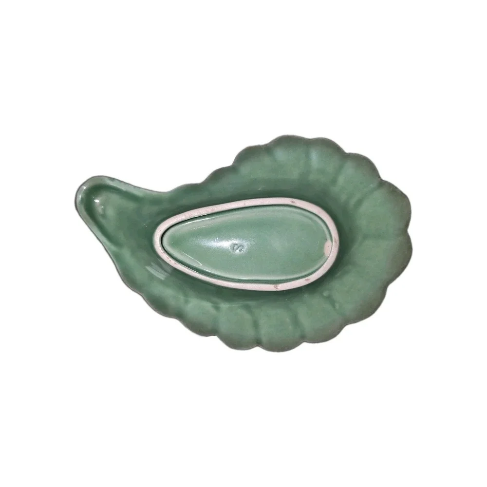 Vintage Green Ceramic Leaf Trinket Dish | Cottagecore Grannycore Ring Tray Spoon
